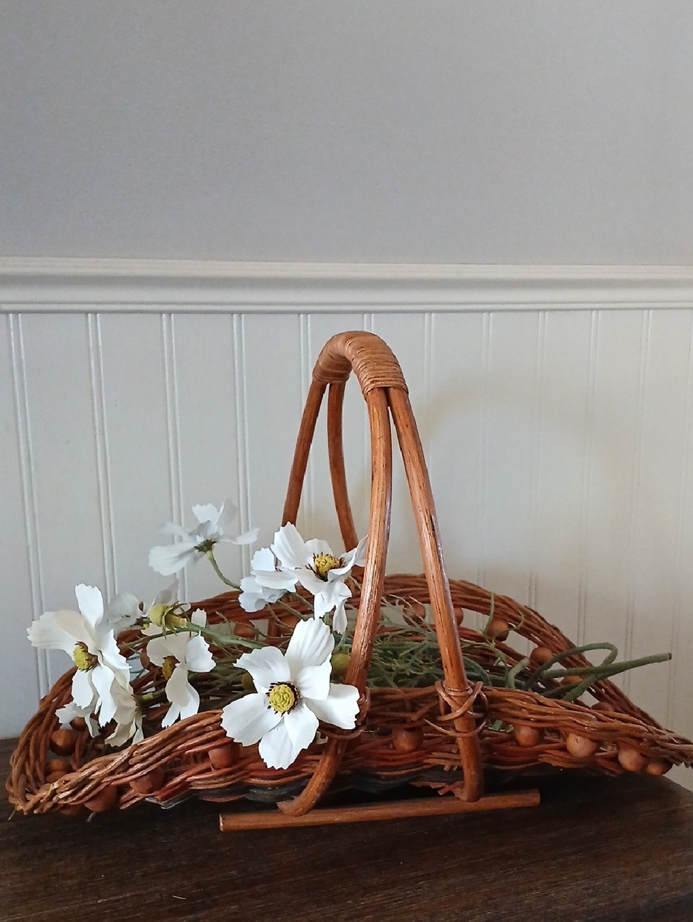 Vintage Gathering Harvest Basket Woven Wicker Rattan Beaded Trim Boho